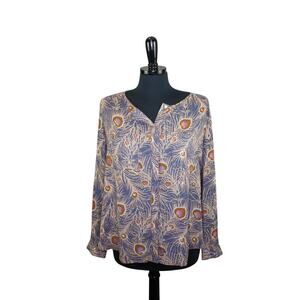 Ann Taylor LOFT Peacock Feather Print Blouse Button Up Blue Brown Boho